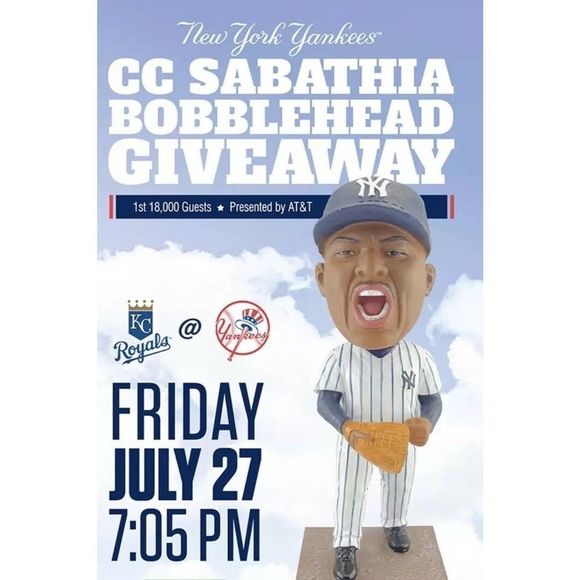 NY YANKEES SABATHIA BOBBLEHEAD SGA NIB 7/27/2018 BRAVED RAIN FOR IT! - Picture 7 of 12